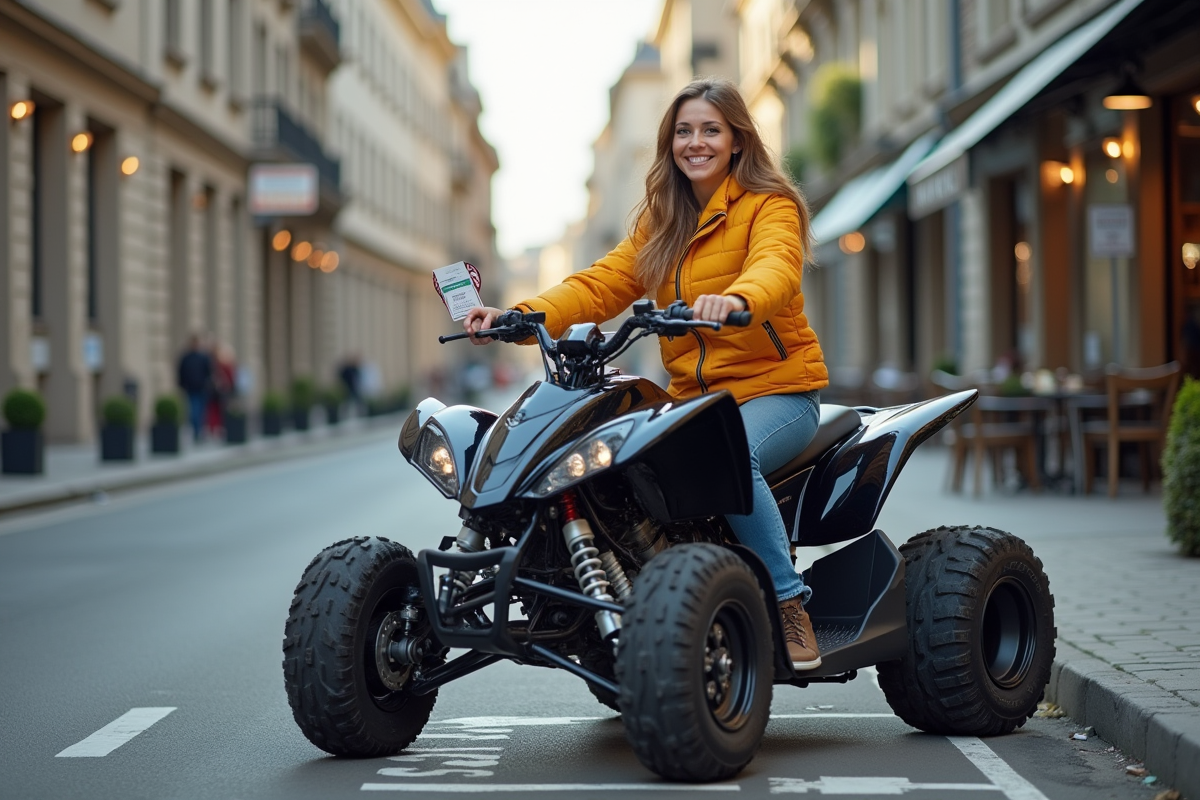 Femme souriante en quad en ville avec ses papiers
