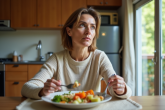 Femme méditant sur son repas dans une cuisine chaleureuse