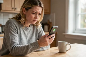 Femme tenant un smartphone affichant un appel spam avec numéro 0270, prête à le signaler via la plateforme 33700