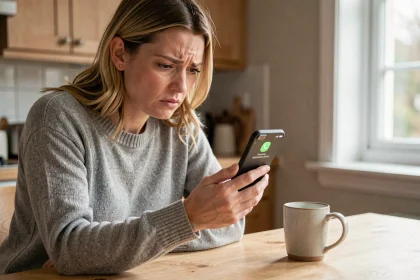 Femme tenant un smartphone affichant un appel spam avec numéro 0270, prête à le signaler via la plateforme 33700