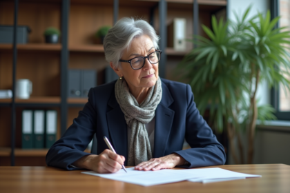 Femme d'une soixantaine signe une lettre de retraite dans un bureau
