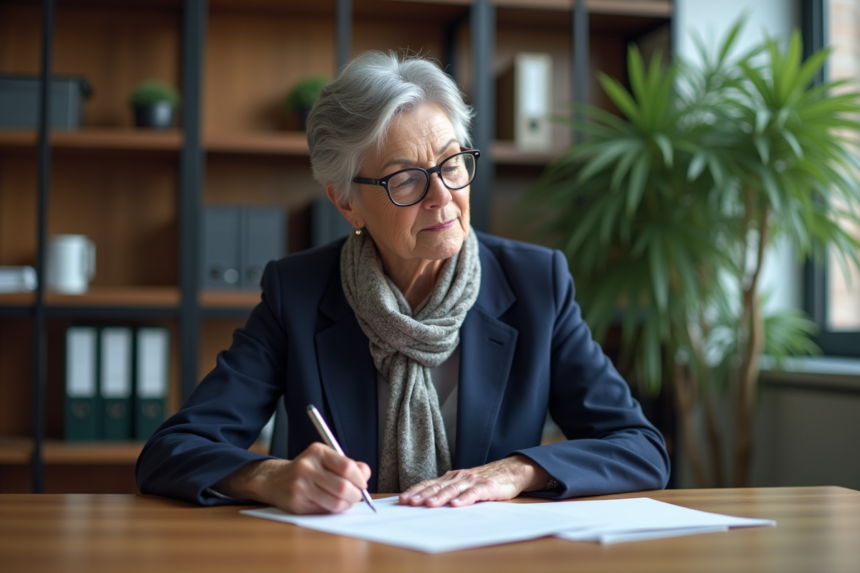 Femme d'une soixantaine signe une lettre de retraite dans un bureau