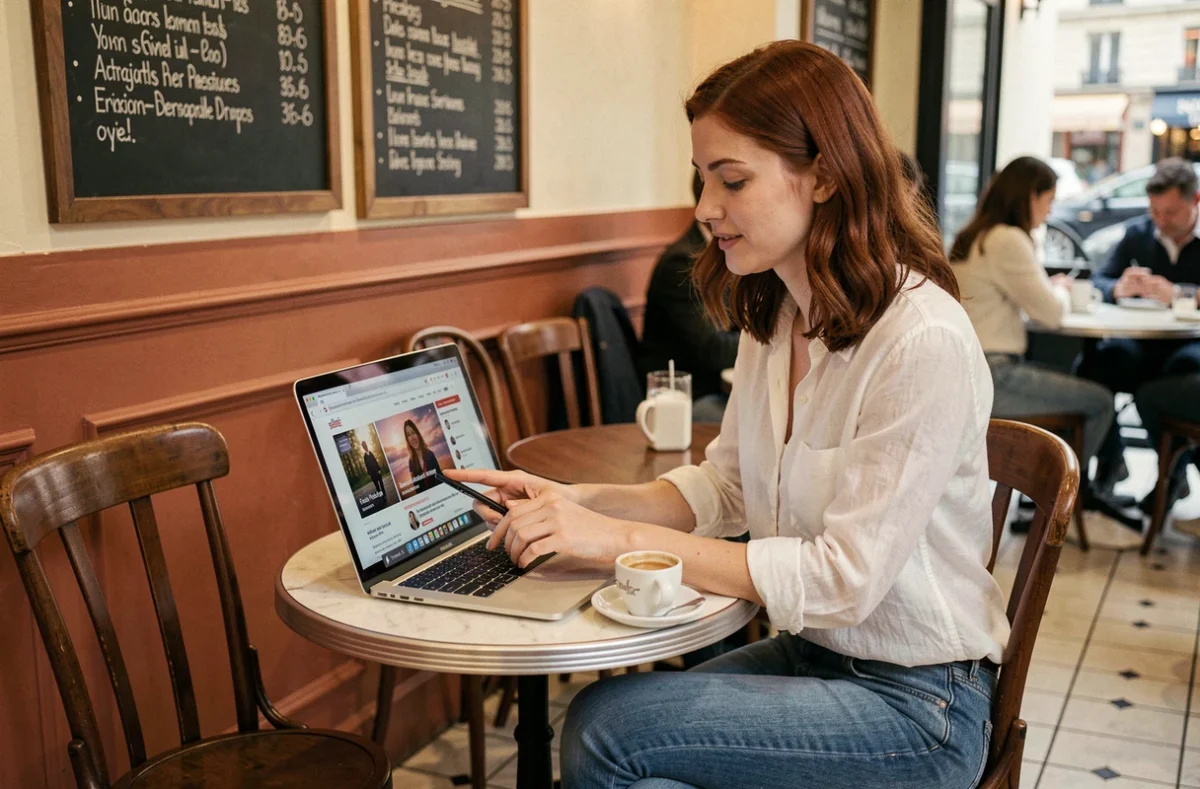 Femme consultant le site Kolrag sur son ordinateur dans un café parisien