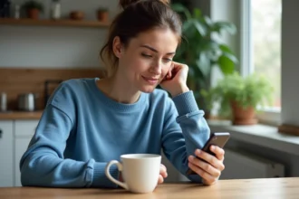 Femme dans son appartement regarde son smartphone