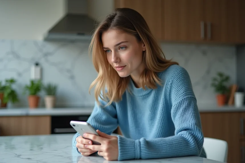 Jeune femme curieuse avec smartphone dans une cuisine moderne