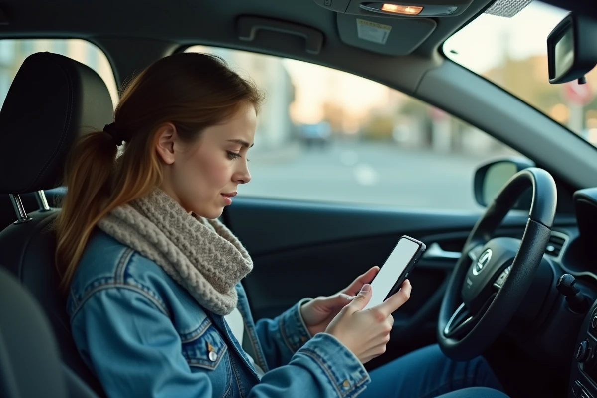 Jeune femme vérifiant un document sur son smartphone dans la voiture