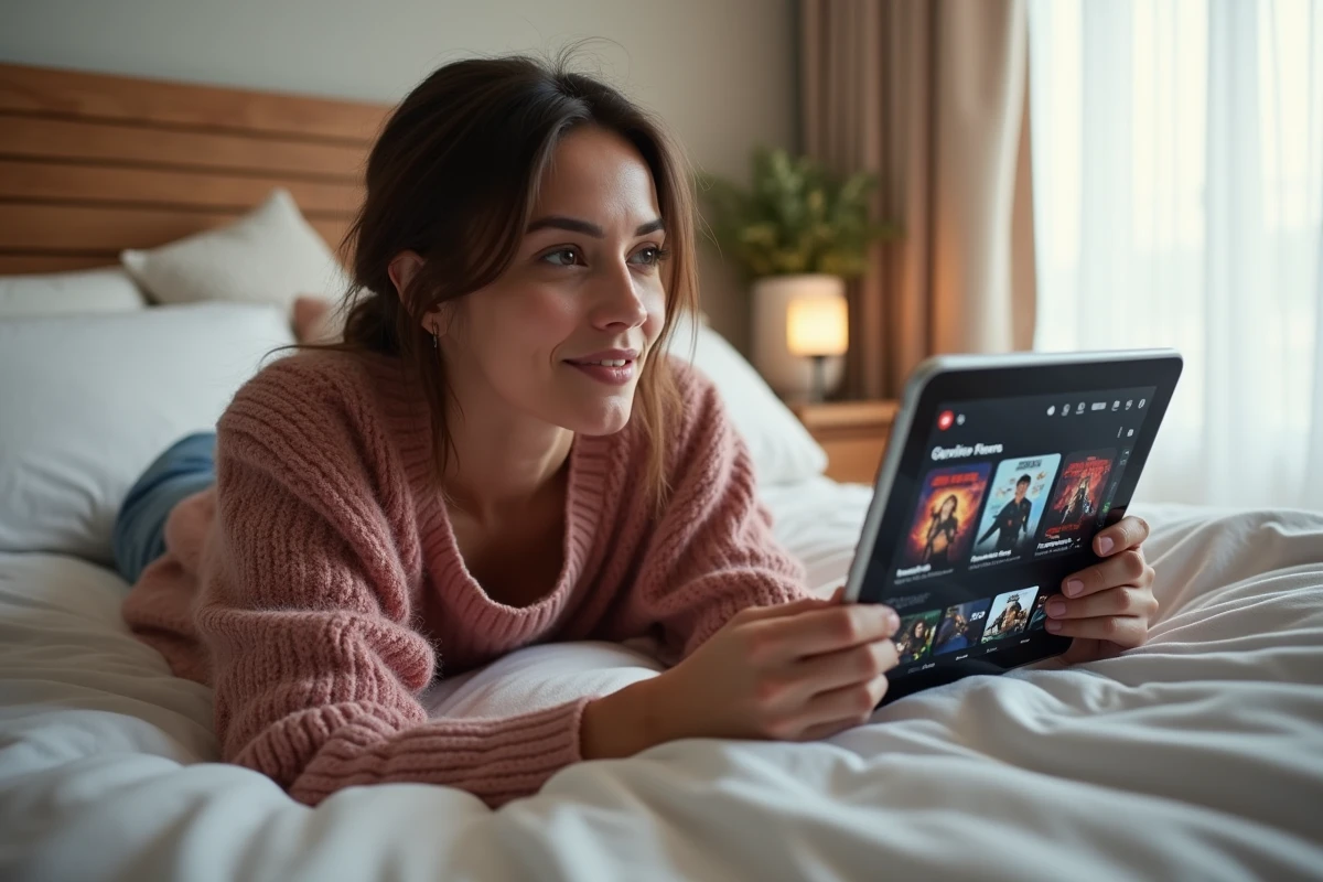 Femme consultant le catalogue VOD Marvel sur une tablette allongée sur son lit un matin de week-end