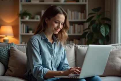 Jeune femme transgenre souriante sur son ordinateur dans un salon