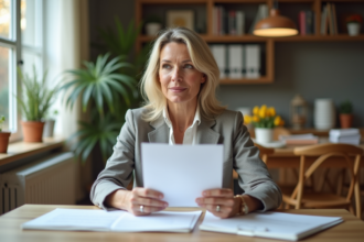 Femme d'âge moyen travaillant à un bureau lumineux