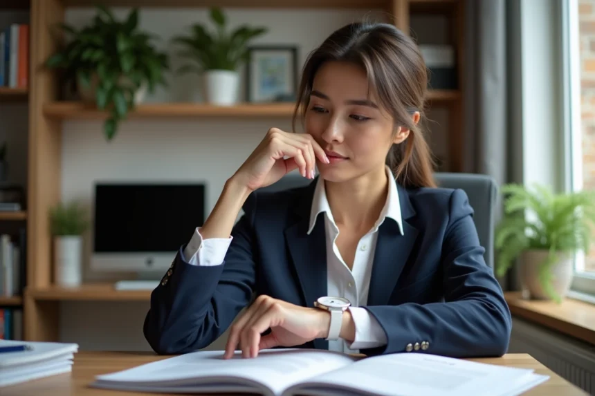 Femme en blouse blanche et blazer navy dans un bureau moderne