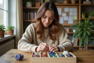 Femme triant des minéraux dans un organisateur lumineux
