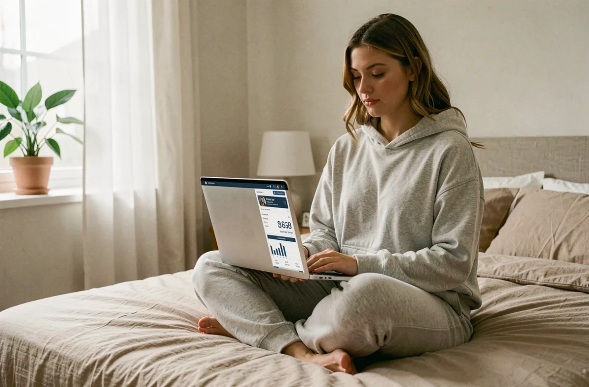 Jeune femme vérifiant ses heures jouées sur League of Legends depuis un site de statistiques sur son ordinateur portable dans sa chambre