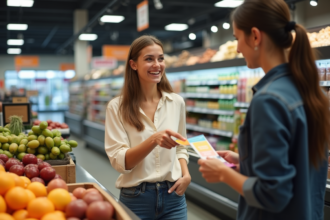 Jeune femme remet un bon d'achat au caissier au supermarche