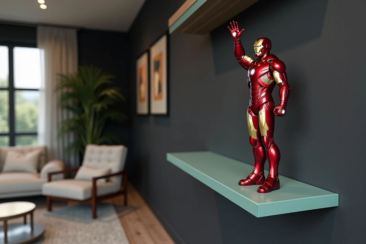 Figurine Iron Man exposée sur une étagère en verre dans un salon contemporain avec décoration murale sombre