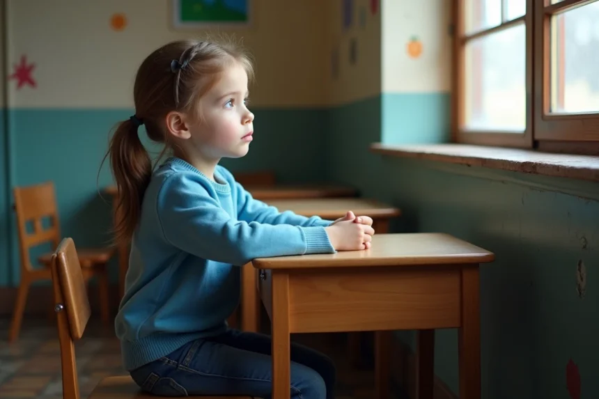 Jeune fille assise à une table d'école regardant par la fenêtre