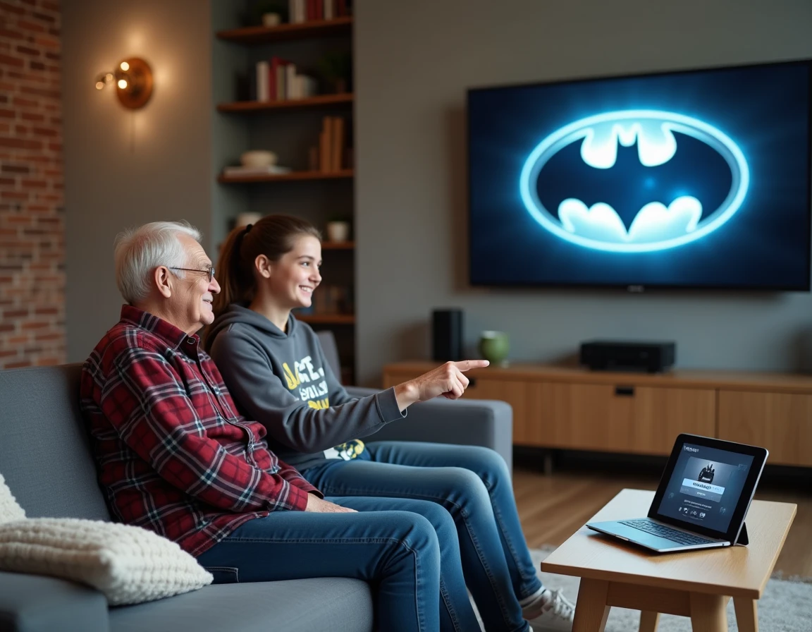 Grand-père et petite-fille choisissant ensemble l'ordre des films Batman sur une plateforme de streaming