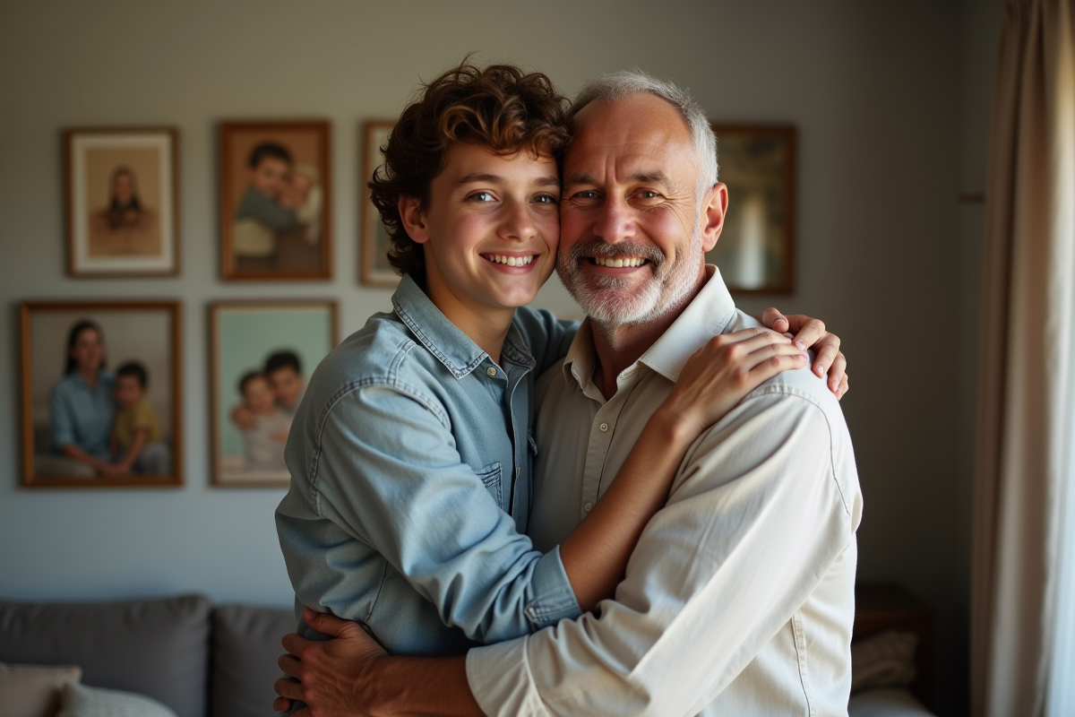 Fils adulte et son beau-pere partagent un moment sincère