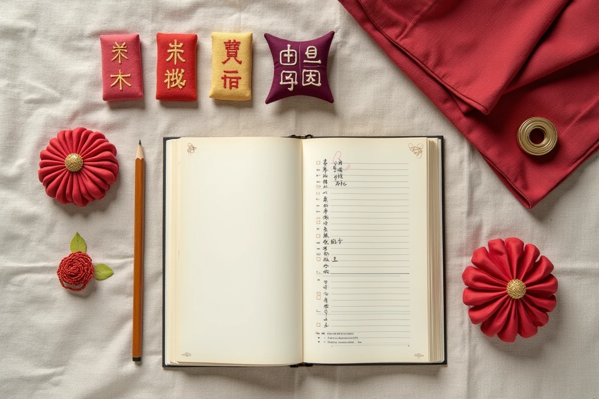 Vue de dessus d'une collection de talismans omamori japonais colorés posés sur du lin avec un carnet de notes et une liste de vérification
