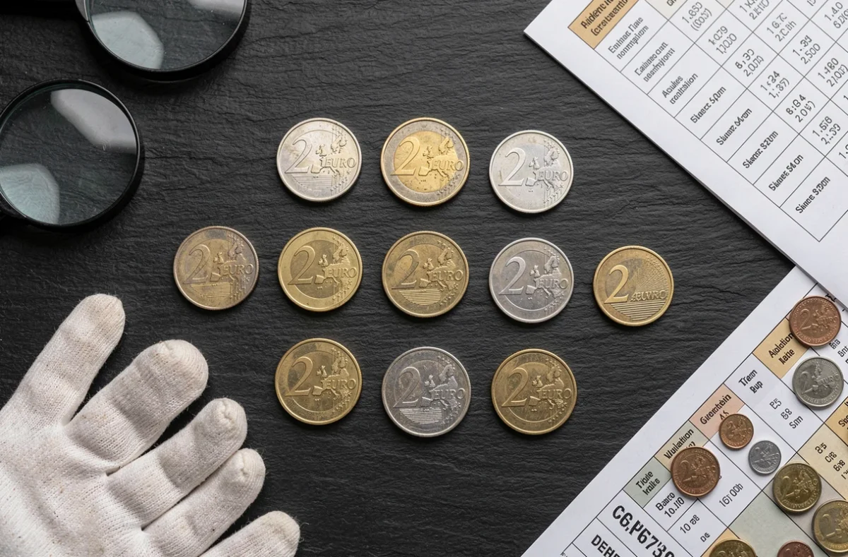 Flatlay de pièces de 2 euros rares disposées sur une ardoise avec loupe et guide de cotation