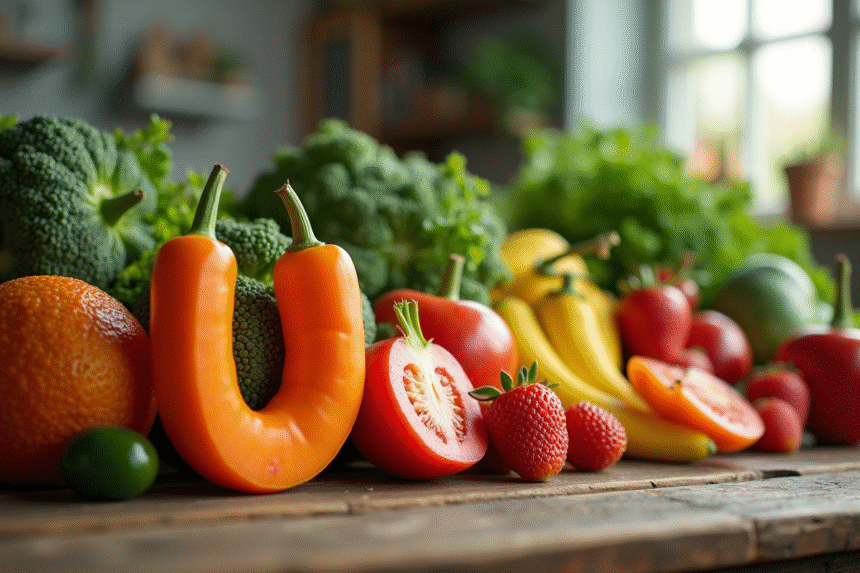 Variété de fruits et légumes frais commençant par U sur une table en bois