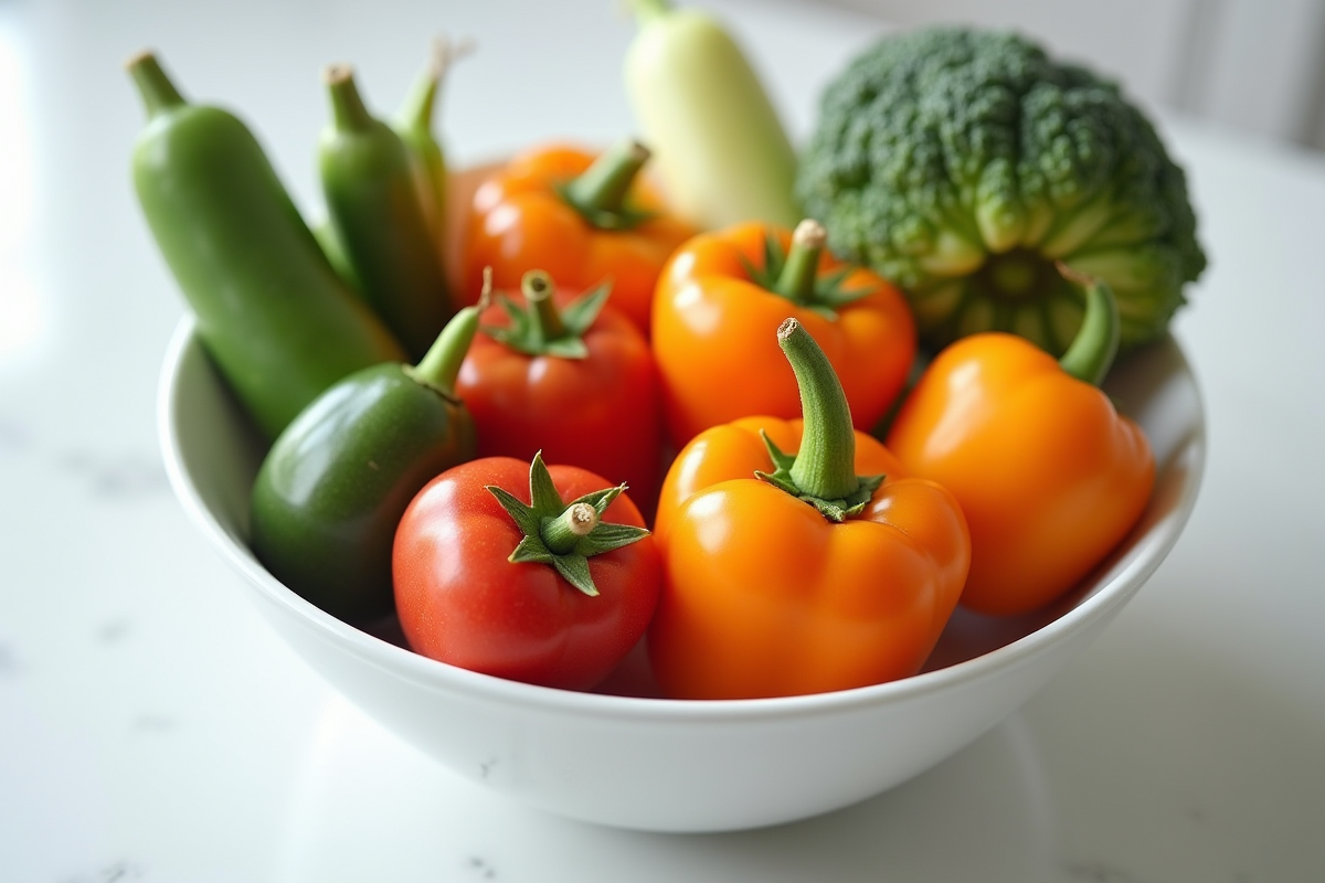 Fruits et légumes U en gros plan dans un bol moderne sur comptoir blanc