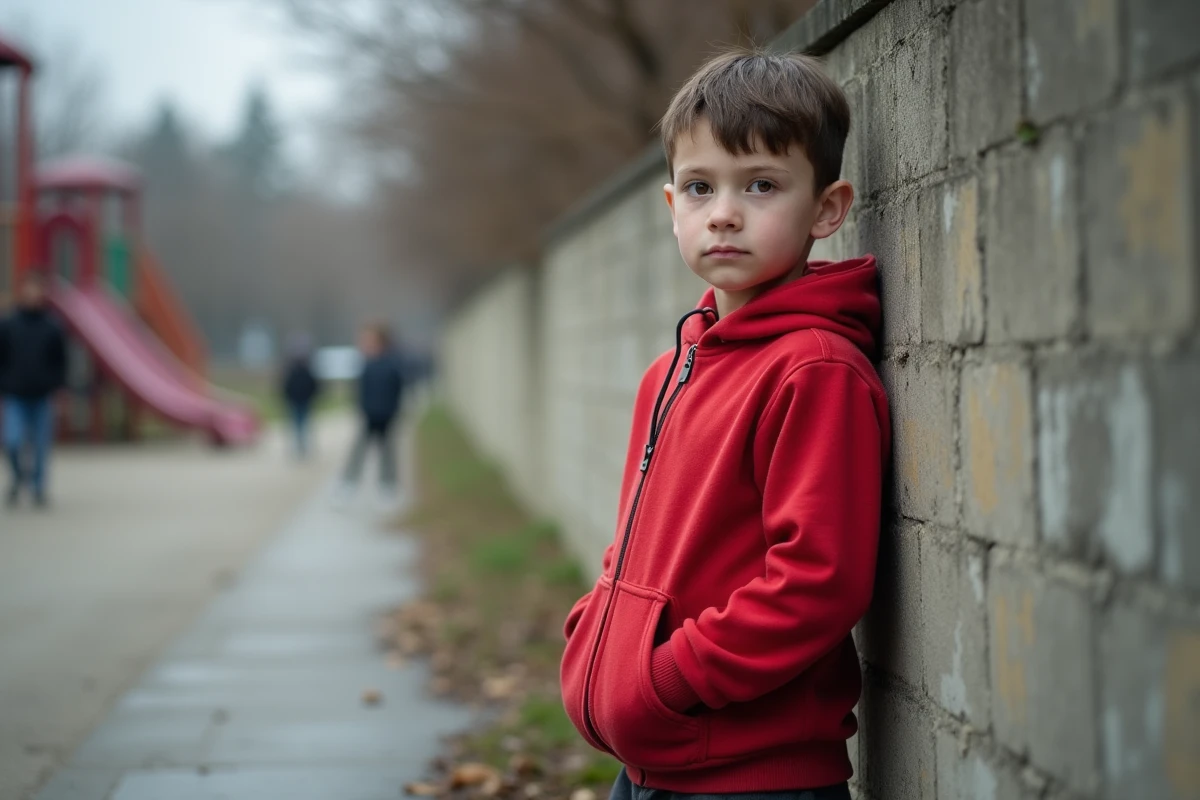 Garçon dans une cour de ville près d’un mur en béton