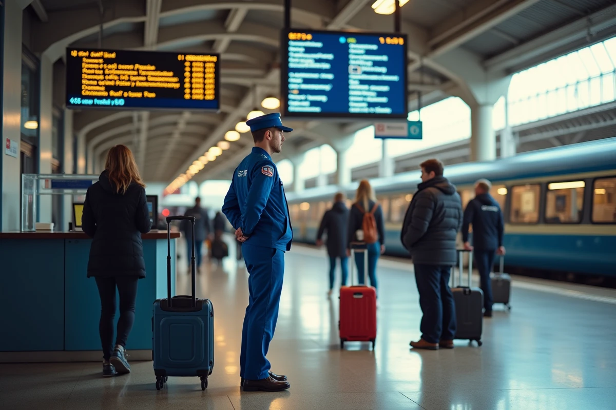 Agent SNCF informant des voyageurs dans une gare de Lorient lors de perturbations de trains causées par un accident