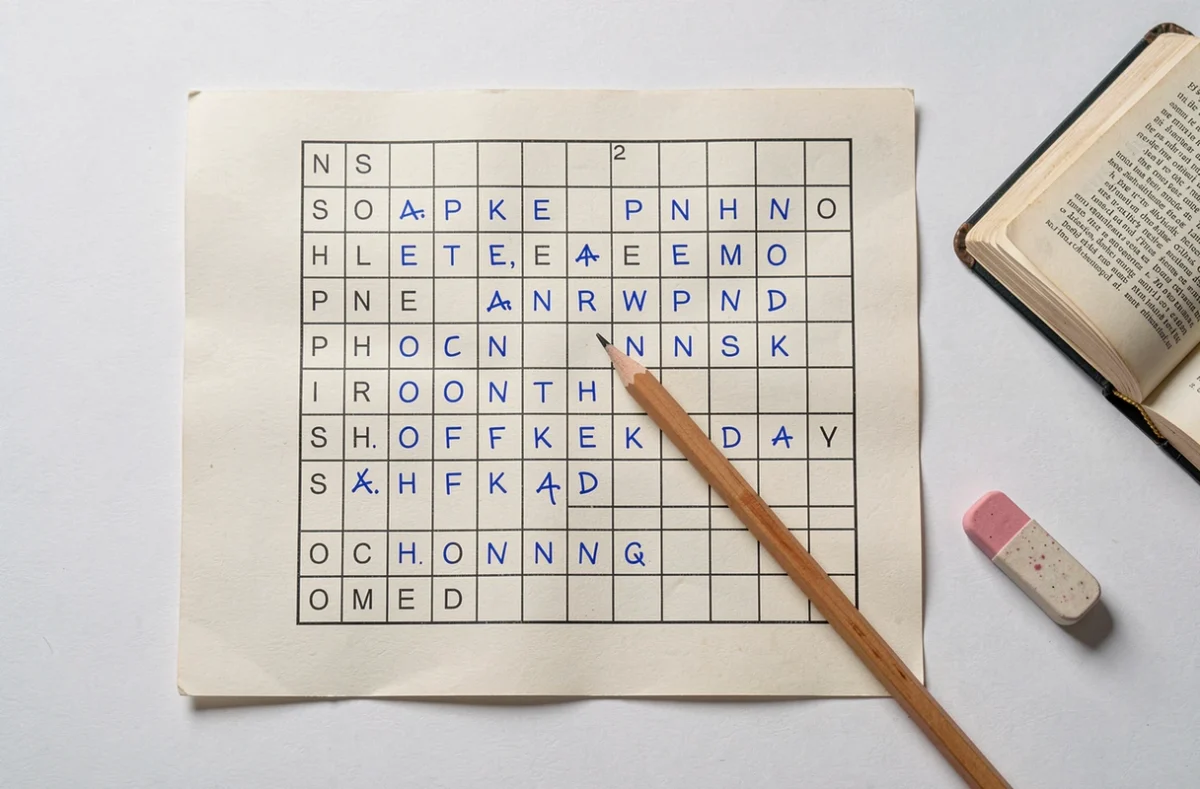 Vue aérienne d'une grille de mots croisés avec des lettres inscrites au stylo, un crayon et un thésaurus sur un bureau blanc