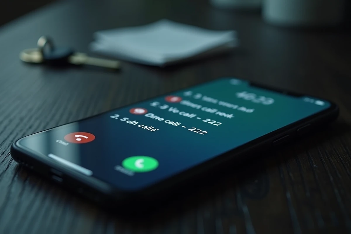 Gros plan sur un écran de smartphone affichant une liste d'appels manqués suspects avec l'indicatif +212, arnaque au ping call