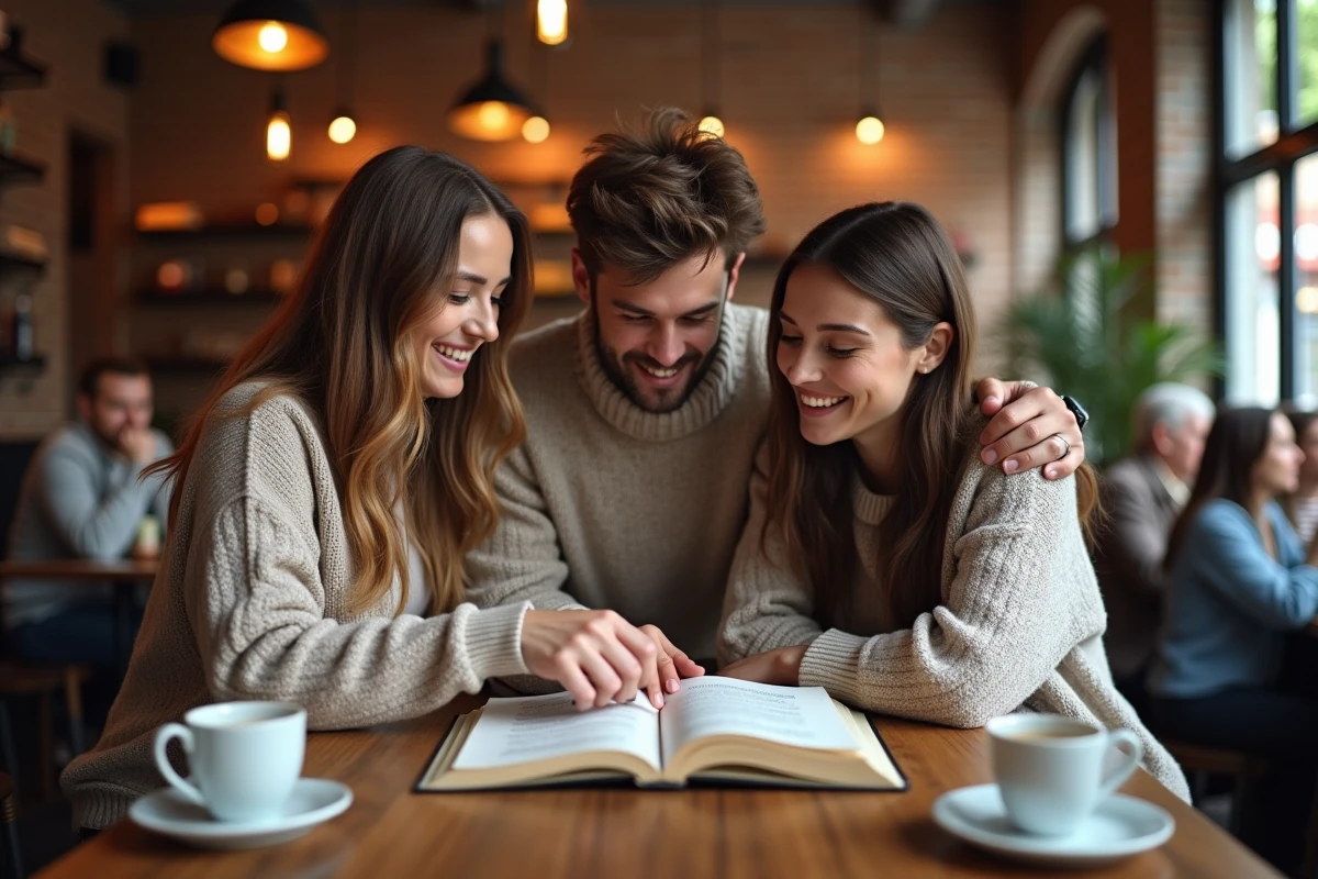 Groupe d'amis apprenant les paroles de chansons de Michel Berger autour d'un recueil de paroles dans un café