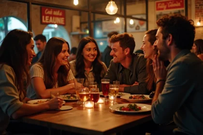 Groupe d'amis riant dans un bar toulousain convivial