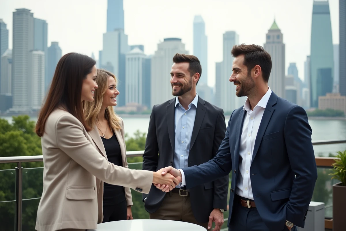 Groupe diversifié de professionnels en extérieur sur un toit