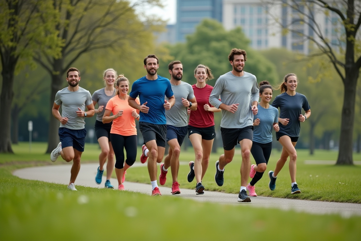 Groupe divers de coureurs dans un parc urbain