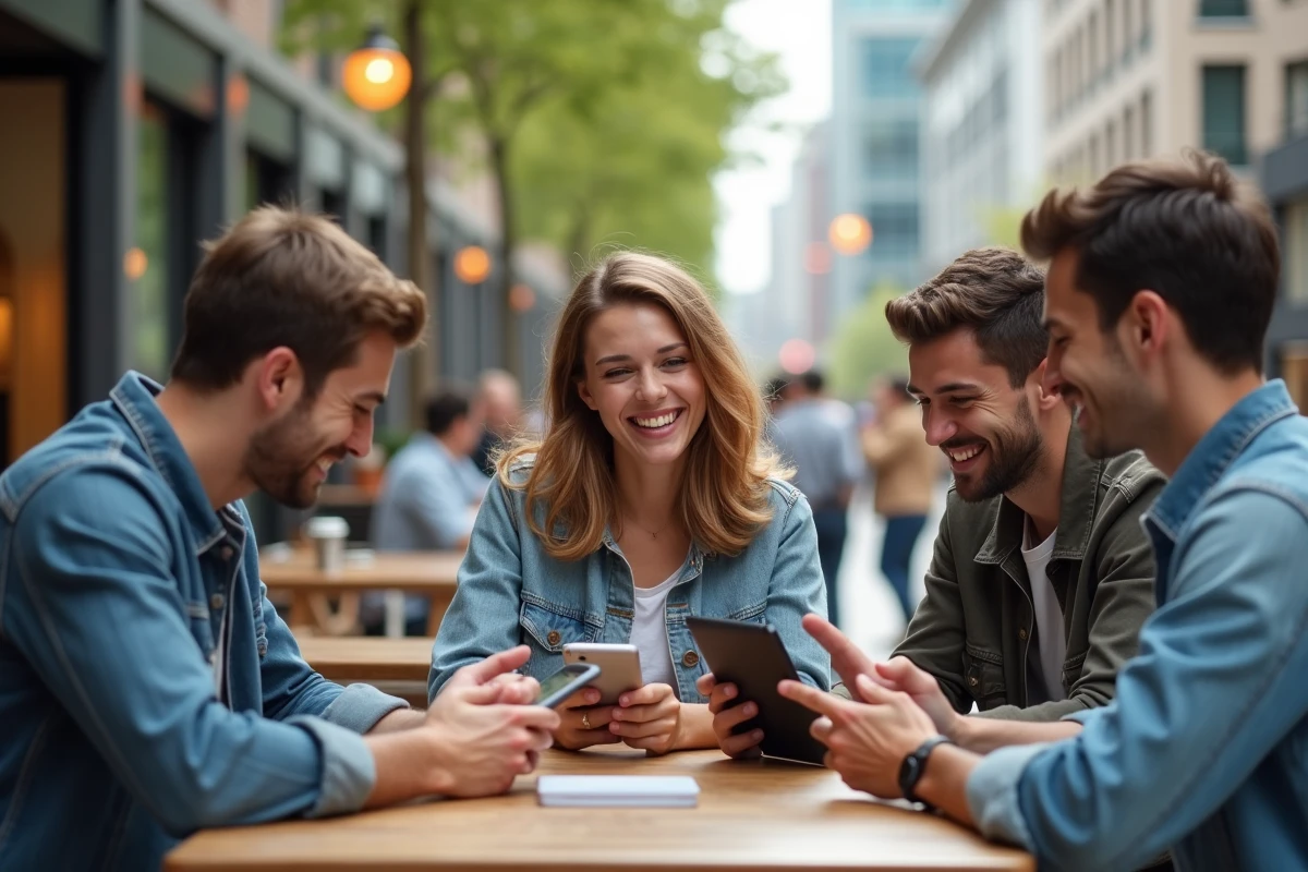 Groupe de jeunes discutant autour d une table en plein air