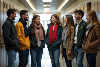 Groupe d'adultes et d'adolescents dans un lycée moderne