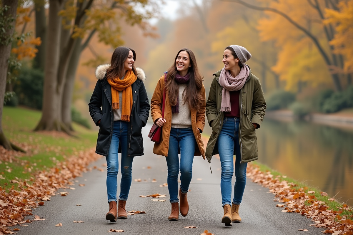 Trois femmes marchant au bord de la rivière en automne