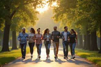 Groupe de personnes marchant dans un parc en matinée ensoleillée