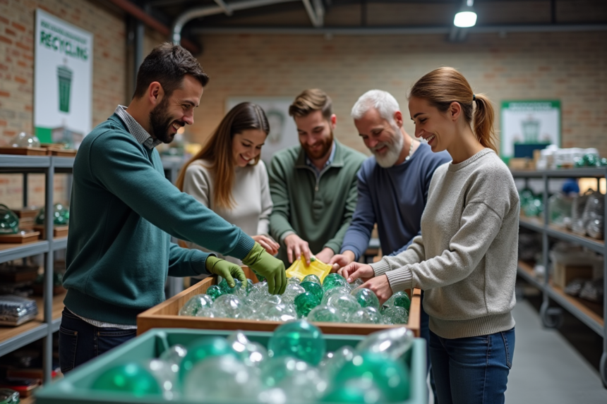 Groupe de personnes triant des matériaux recyclables en intérieur