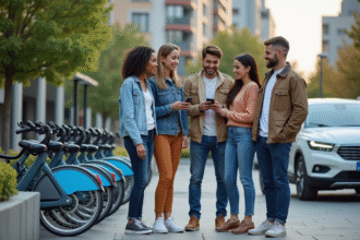 Groupe de jeunes urbains utilisant une application de transport