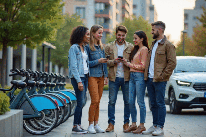 Groupe de jeunes urbains utilisant une application de transport