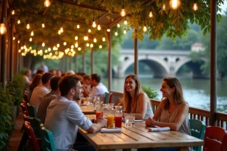 Terrasse animée de la guinguette de La Madeleine à Lille avec tables en bois et guirlandes lumineuses au bord de l'eau