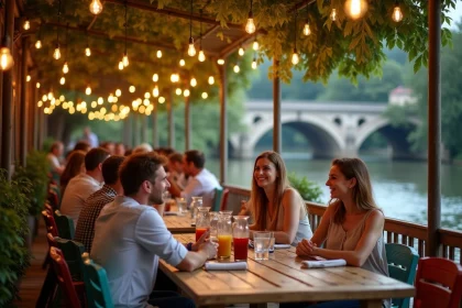 Terrasse animée de la guinguette de La Madeleine à Lille avec tables en bois et guirlandes lumineuses au bord de l'eau