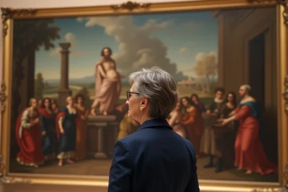 Historienne d'art observant une peinture de la Renaissance dans un musée classique aux cadres dorés