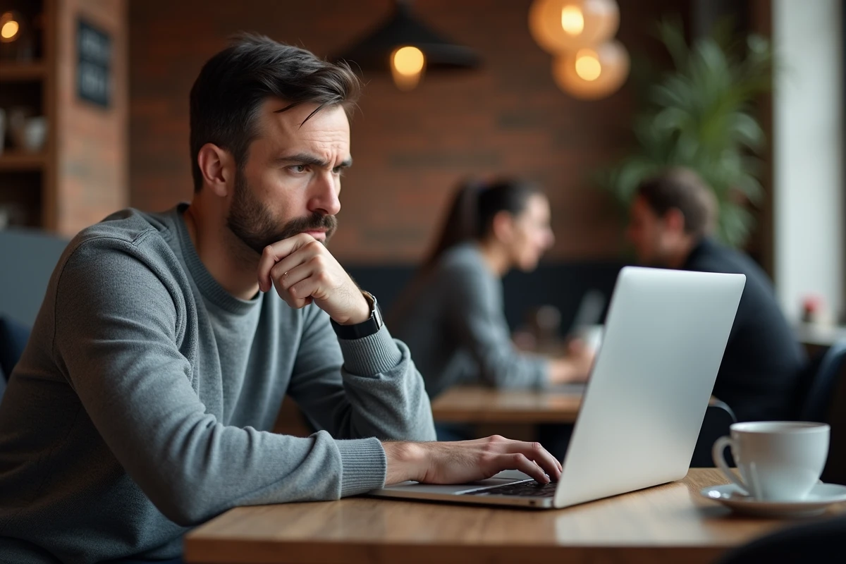 Homme d'affaires hésitant face aux conditions d'un abonnement gratuit sur son ordinateur portable dans un café