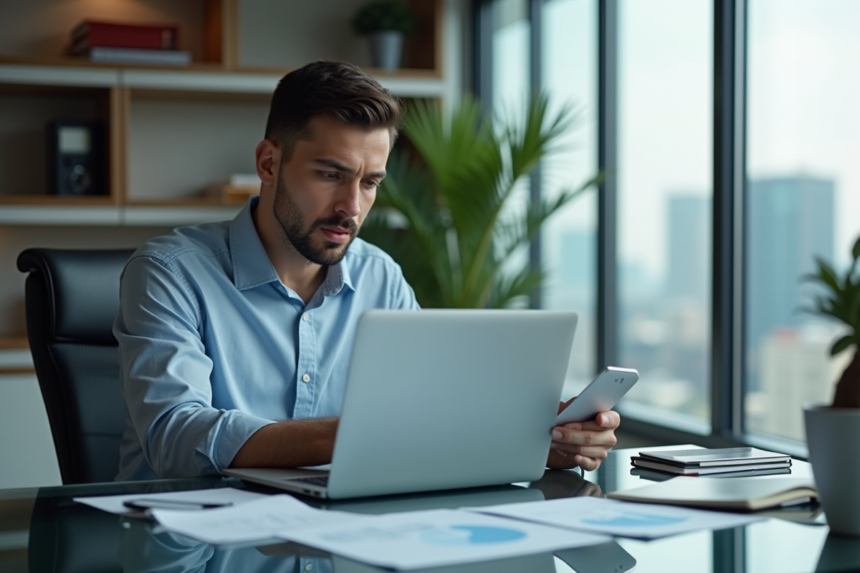 Jeune homme d'affaires analysant des graphiques financiers