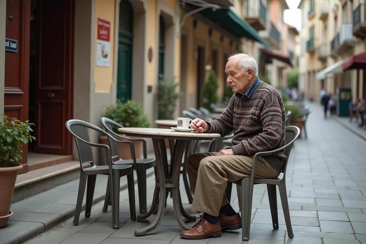 Homme âgé assis dans un café de rue authentique