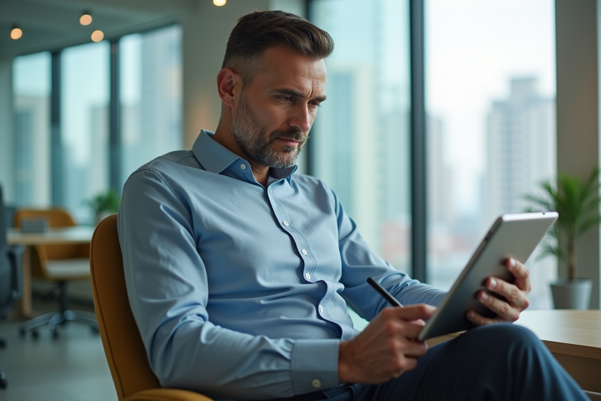 Homme utilisant une application de santé mentale au bureau