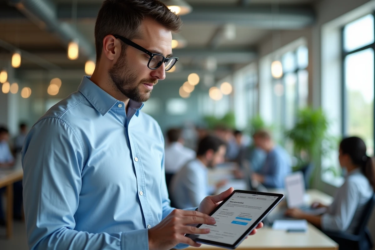 Homme consultat un site de domaine sur une tablette en coworking