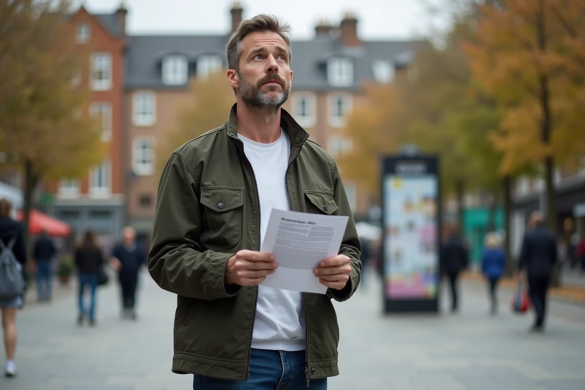 Homme consultant une brochure sur les journées de sensibilisation dans un espace public urbain
