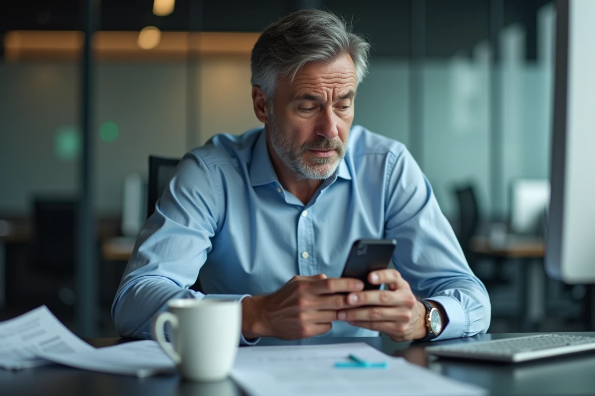 Homme d'affaires perplexe face à un appel manqué avec indicatif pays +212, dans un contexte d'arnaque téléphonique professionnelle